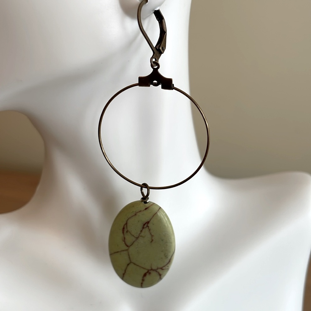 HAND CRAFTED PIERCED HOOP EARRINGS Green Brown Antiqued Brass Dangles Drops Hoop